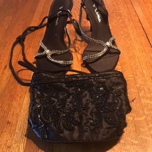 Dressy black heels embellished w/ rhinestones. Plus evening bag